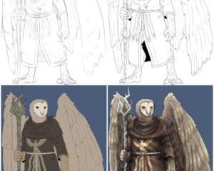 Ilustração do Urk, um aarakocra clérigo: rascunho, linhas, colorido e pintado. Arte: Vinski