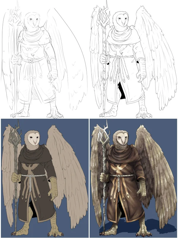 Ilustração do Urk, um aarakocra clérigo: rascunho, linhas, colorido e pintado. Arte: Vinski