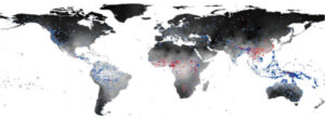 Distribuição de línguas com tom complexo (pontos vermelhos) e sem tom complexo (pontos azuis) - sombreamento mais escuro no mapa corresponde a valores mais baixos deumidade do ar. Fonte: Everett et al. (2015)