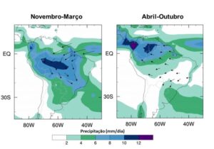 Precipitação climatológica (mm/dia) na América do Sul. Fonte: Tempo/Meteored (dados do GPCP)