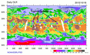 Exemplo de OLR diária com ciclones tropicais marcados