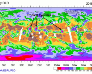 Exemplo de OLR diária com ciclones tropicais marcados