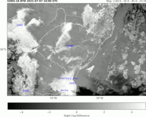 Diferença de temperatura de brilho (GOES-16) e estações de superfície consideradas no estudo.