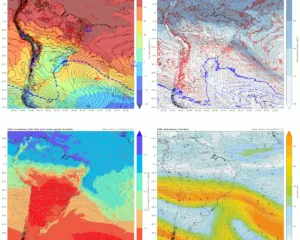 Mapas de superfície, 850, 500 e 250 hPa das variáveis e data/hora indicadas