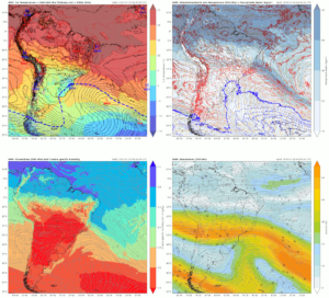 Mapas de superfície, 850, 500 e 250 hPa das variáveis e data/hora indicadas