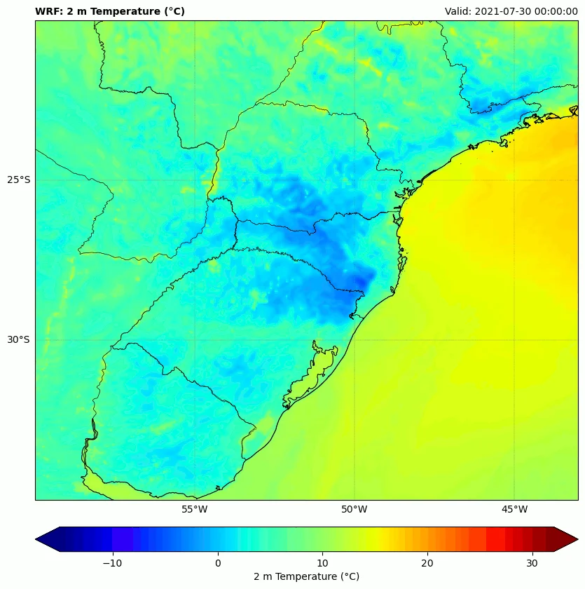 Temperatura a 2 metros de altura do solo em região recortada