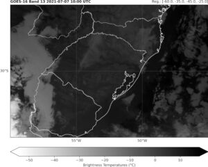 Imagem do canal 13 (GOES 16) sobre parte da América do Sul - ocorrência de nevoeiro sobre região centro-oeste e noroeste do Rio Grande do Sul.
