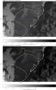 Imagens dos canais 7 e 13 (GOES-16) com pontos de observação em superfície considerados.