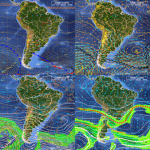 Análise sinótica próxima ao horário do estudo de caso: superfície, 850 (acima), 500 e 250 hPa (abaixo). Fonte: CPTEC/INPE