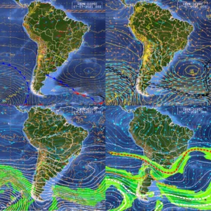 Análise sinótica próxima ao horário do estudo de caso: superfície, 850 (acima), 500 e 250 hPa (abaixo). Fonte: CPTEC/INPE