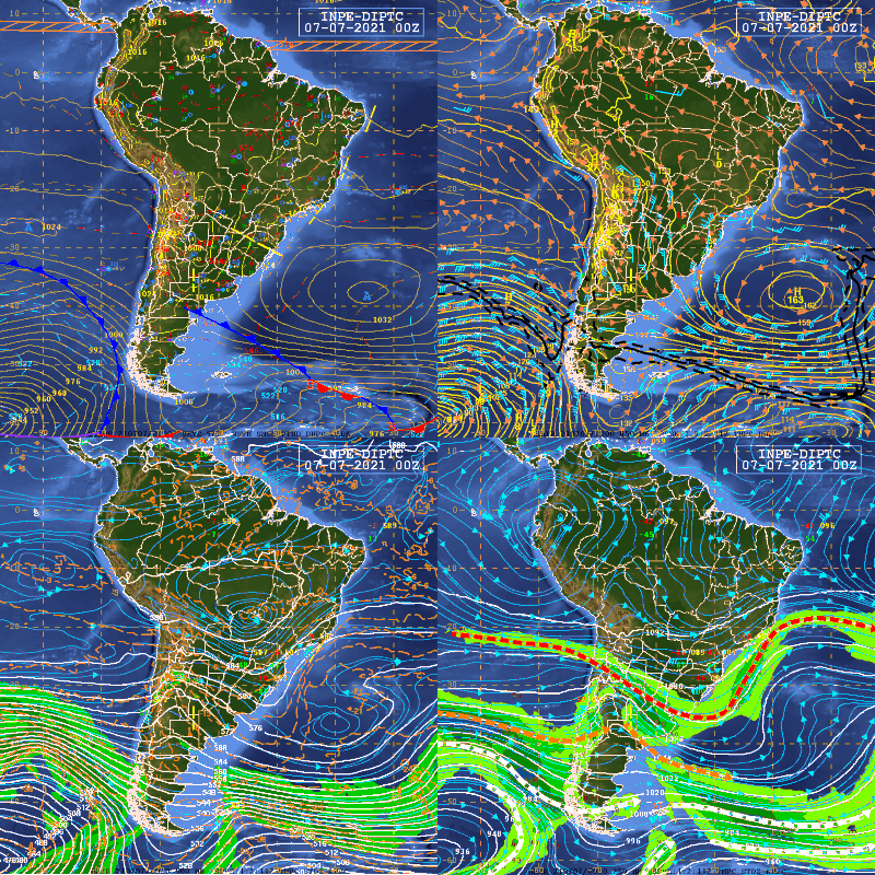 Análise sinótica próxima ao horário do estudo de caso: superfície, 850 (acima), 500 e 250 hPa (abaixo). Fonte: CPTEC/INPE