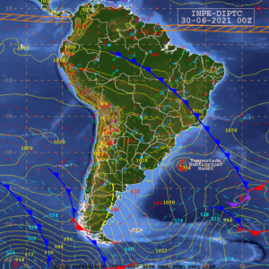 Carta sinótica exibindo frente fria no final de seu avanço de sul para norte no Brasil e tempestade subtropical Raoni. Fonte: CPTEC/INPE
