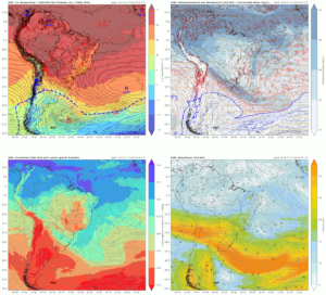 Mapas de superfície, 850, 500 e 250 hPa das variáveis e data/hora indicadas - condição inicial