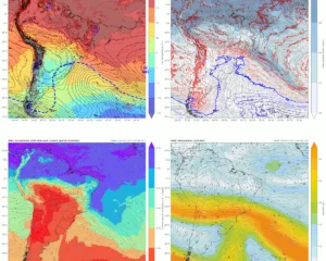 Mapas de superfície, 850, 500 e 250 hPa das variáveis e data/hora indicadas - evento de neve