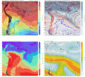 Mapas de superfície, 850, 500 e 250 hPa das variáveis e data/hora indicadas - evento de neve