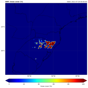Produto de neve do WRF para o dia do evento, rodada de 27/07/2021 00 UTC