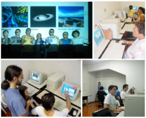 Exibição da Gruta Digital 3D em itinerância em São Sebastião/SP, bolsistas das Frentes de Trabalho em curso de noções básicas de informática e atividade "Brincando com a Física" em computadores. Fonte: Mantovani et al. (2013)