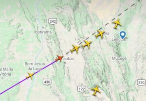 Aviões em rota sobre a região de Bom Jesus da Lapa/BA. Fonte: Flight Radar 24