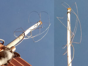 Antena montada vista de dois ângulos diferentes, utilizada para recepção dos sinais de satélites. Fotos: Evandro Batista Rodrigues Pereira