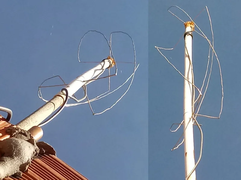 Antena montada vista de dois ângulos diferentes, utilizada para recepção dos sinais de satélites. Fotos: Evandro Batista Rodrigues Pereira