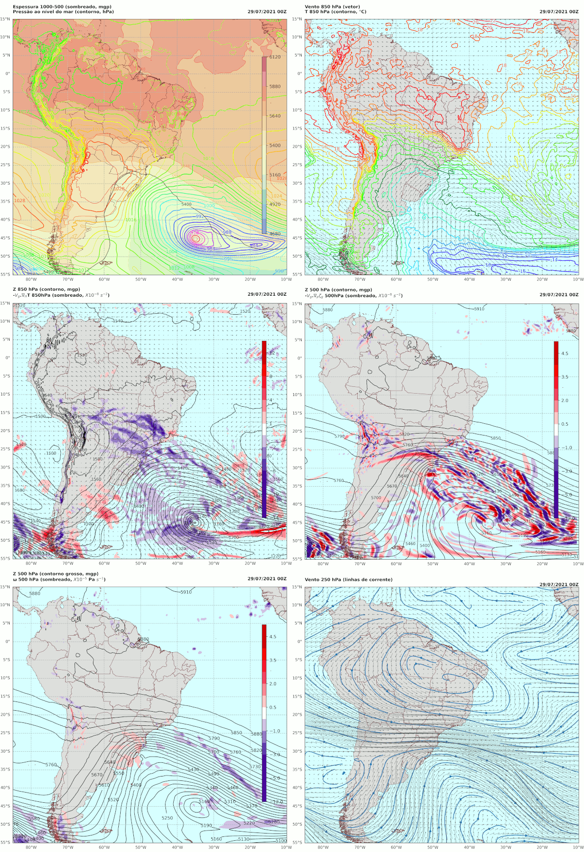 Mapas gerados para 29/07 00Z, horário aproximado de evento precipitações de inverno na região sul e geada na madrugada correspondente em outros locais da mesma região