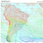 Mapa de vento e temperatura em 850 hPa na manhã de evento de geada em vários pontos da região Sul e SP, após evento de neve no Sul