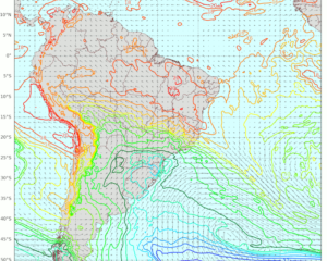 Mapa de vento e temperatura em 850 hPa na manhã de evento de geada em vários pontos da região Sul e SP, após evento de neve no Sul