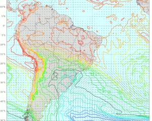 Mapa de vento e temperatura em 850 hPa na manhã de evento de geada em vários pontos da região Sul e SP, após evento de neve no Sul