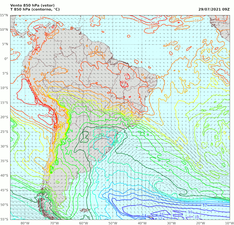 Mapa de vento e temperatura em 850 hPa na manhã de evento de geada em vários pontos da região Sul e SP, após evento de neve no Sul
