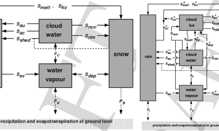 Esquema dos processo microfísicos considerando uma e duas categorias (esquerda e direita), envolvendo precipitação líquida (rain), vapor d'água (water vapour), água líquida de nuvem (cloud water), neve (snow) e água sólida de nuvem (cloud ice). Adaptado de Doms (2005).