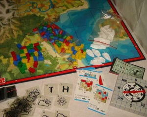 Componentes do jogo Meteo ("Weer en wind" na versão holandesa ou "Wind Und Wetter" na alemã). Fonte: EYE of NiGHT via BBG