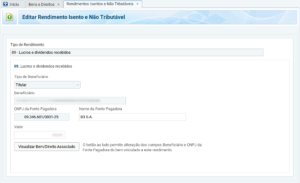 Tela "Rendimentos isentos e não tributáveis" do programa da Receita Federal - declaração de ações no IRPF