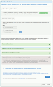 Tela de cadastro do Senha Web após gerar protocolo de solicitação de senha