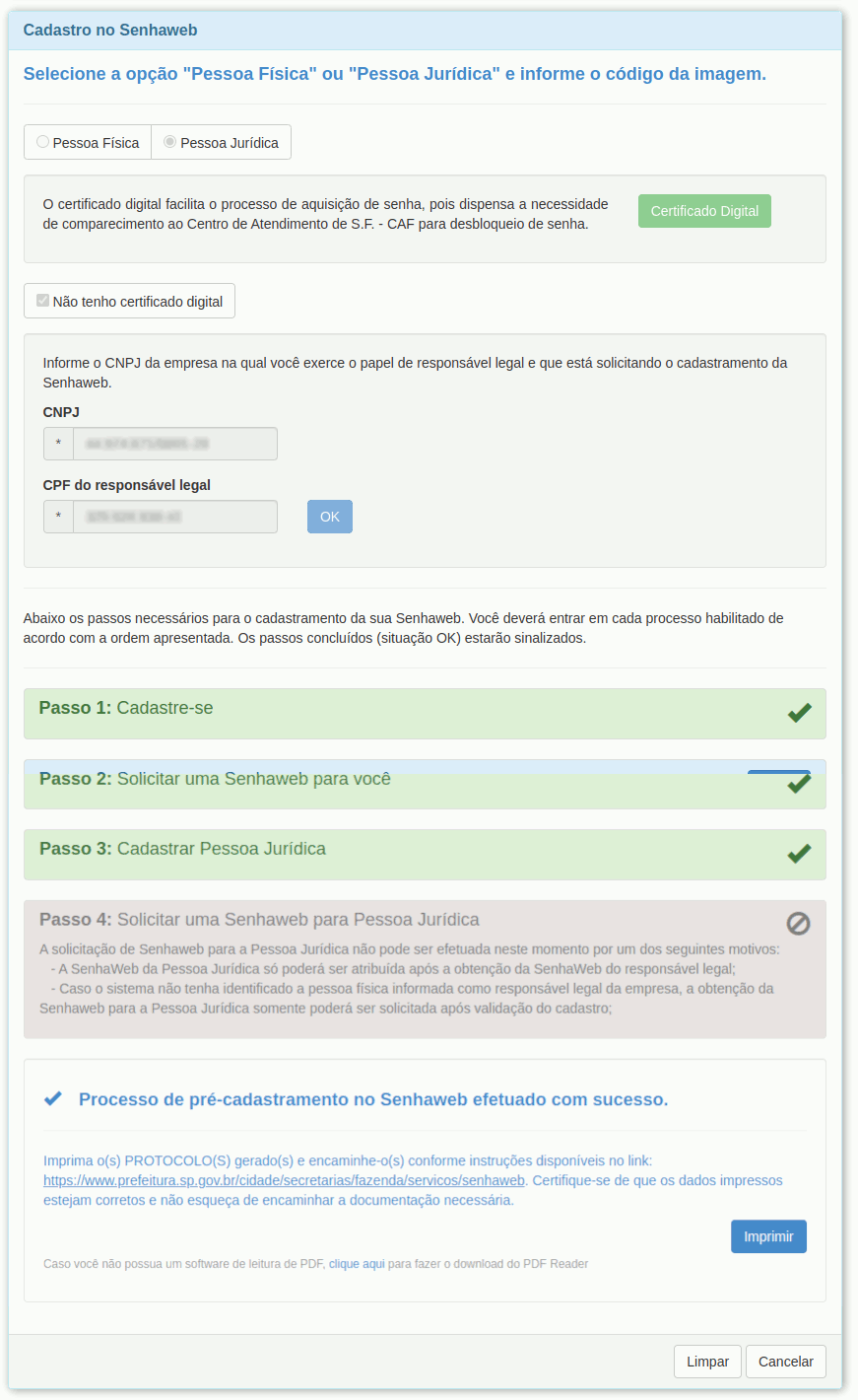 Tela de cadastro do Senha Web após gerar protocolo de solicitação de senha