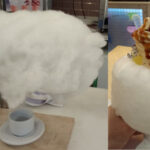 Café "com nuvem" e Sorvete vegano de paçoca na casquinha com algodão-doce, cobertura de caramelo e "topping" de pipoca caramelizada e balas de goma. Foto: ViniRoger