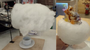 Café "com nuvem" e Sorvete vegano de paçoca na casquinha com algodão-doce, cobertura de caramelo e "topping" de pipoca caramelizada e balas de goma. Foto: ViniRoger