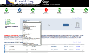 Tela do "Editorial Manager" para a revista "Renewable Energy" na tela "Attach Files" - note o menu expandido com os possíveis tipos de documentos a serem subidos para o sistema.