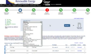 Tela do "Editorial Manager" para a revista "Renewable Energy" na tela "Attach Files" - note o menu expandido com os possíveis tipos de documentos a serem subidos para o sistema.