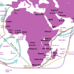 Mapa com trajetos de ida (Outward Route, vermelho) e volta (Return route, verde) de Vasco da Gama. Fonte: Wikipedia