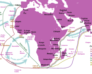 Mapa com trajetos de ida (Outward Route, vermelho) e volta (Return route, verde) de Vasco da Gama. Fonte: Wikipedia