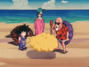 Mestre Kame dá a Nuvem Voadora para Goku em frente a Bulma