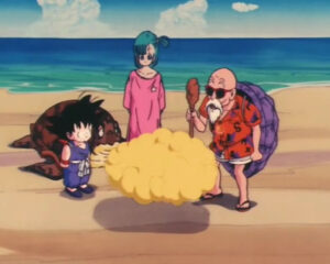 Mestre Kame dá a Nuvem Voadora para Goku em frente a Bulma
