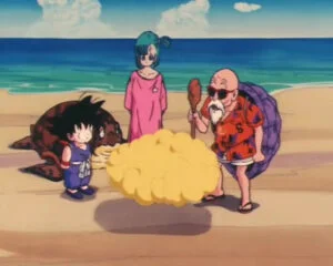 Mestre Kame dá a Nuvem Voadora para Goku em frente a Bulma