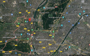 Imagem de satélite de Saint-Cloud (contornada em vermelho) e arredores, com a localização dos dois monumentos em homenagem a Santos Dumont. Fonte: Google Maps