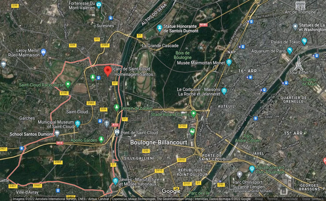 Imagem de satélite de Saint-Cloud (contornada em vermelho) e arredores, com a localização dos dois monumentos em homenagem a Santos Dumont. Fonte: Google Maps
