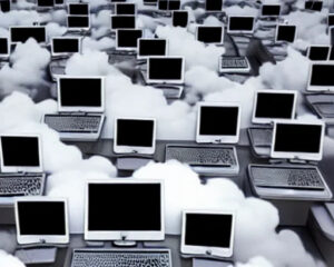 Heaven, clouds, computers everywhere in the clouds. Fonte: Lexica
