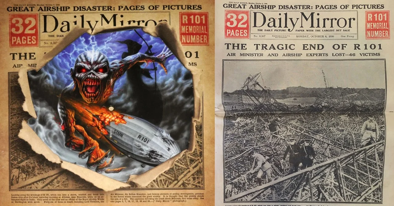Capa do álbum "The Book of Souls" e a capa do jornal Daily Mirror sobre o acidente