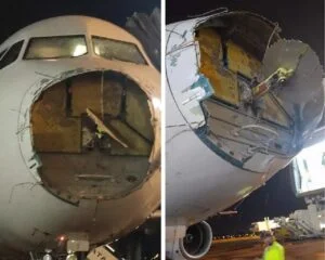 Fotos de danos no radome do avião do voo LA1325 de 26/10/2022. Fonte: redes sociais