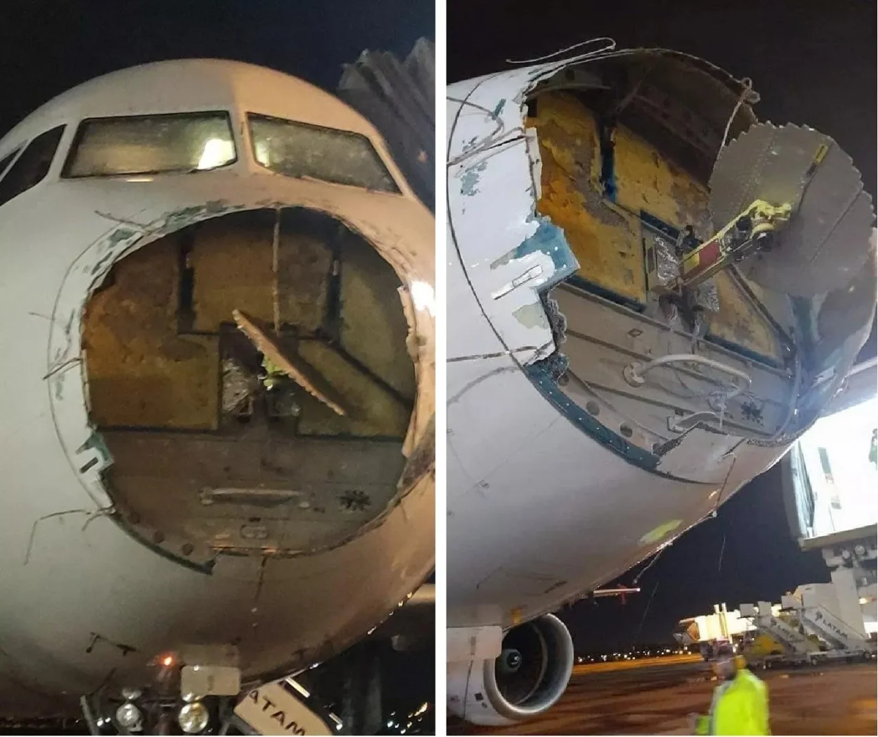 Fotos de danos no radome do avião do voo LA1325 de 26/10/2022. Fonte: redes sociais