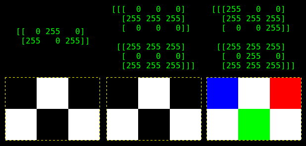 Imagens ampliadas e respectivo formato delas em arrays - BGR em vez de RGB na imagem colorida